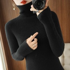 Ladies Solid Knit Sweater Slim High Neck Jumper Faux Cashmere Pullover Elegant