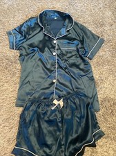 Ladies Green Satin Shortie Pyjamas Size M (10)