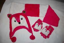 Girls 3 PC WINTER SET Faux Fur  Fleece PINK FOX HAT  SCARF Fold Over Gloves