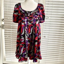 BB DAKOTA By Anthropologie Sz Medium Pink Purple Black Ruffle Puff Button Dress