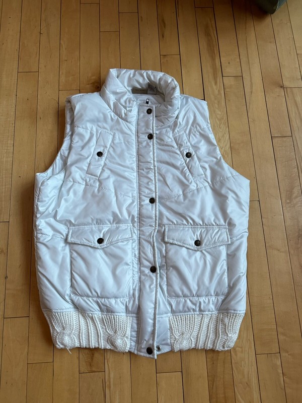 Ruff Hewn Women’s White Puffer Quilted Cable Knit Trim Zip Up Vest L Pockets