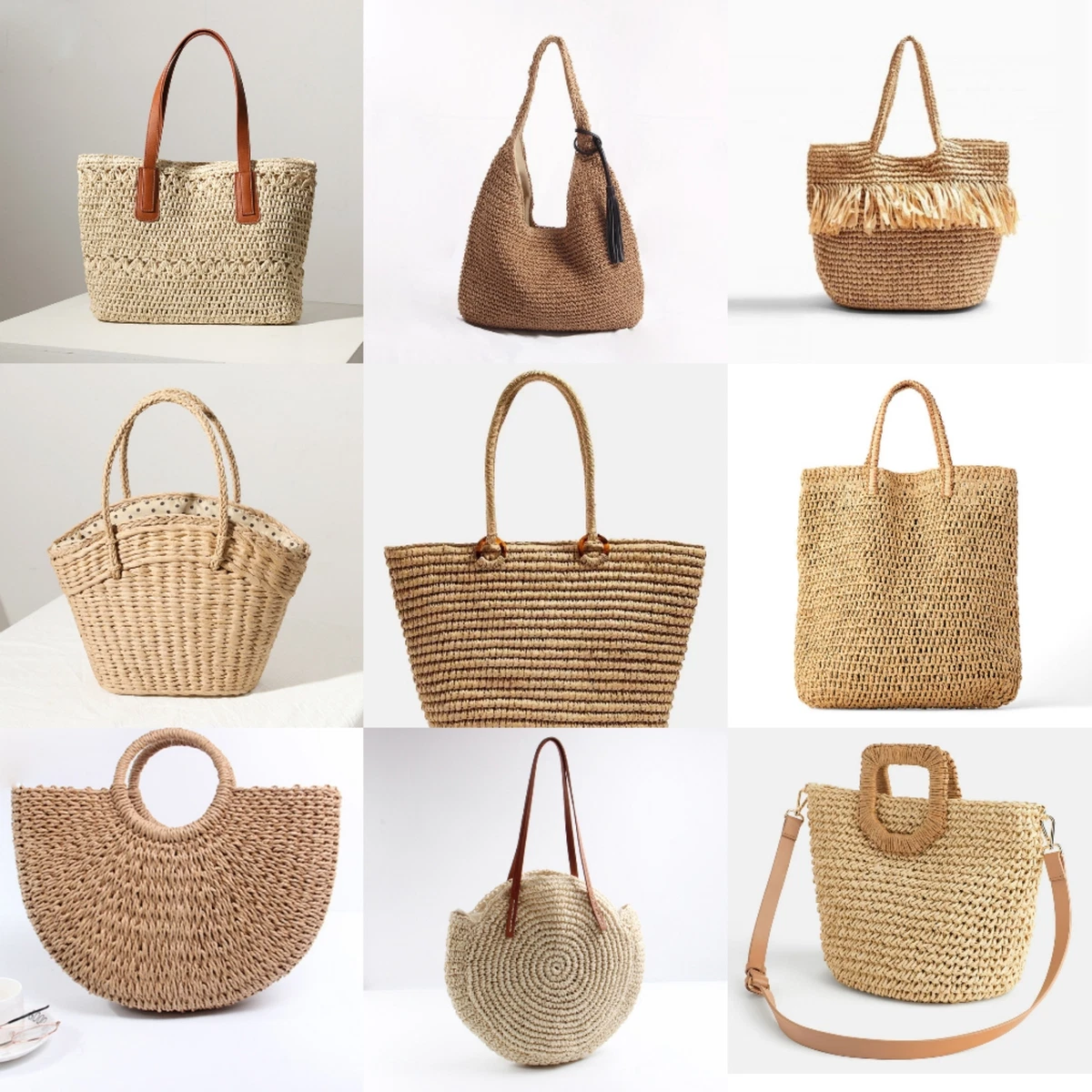 Ladies Straw Bag Retro Rattan Tote Handbag Woven Beach Shoulder