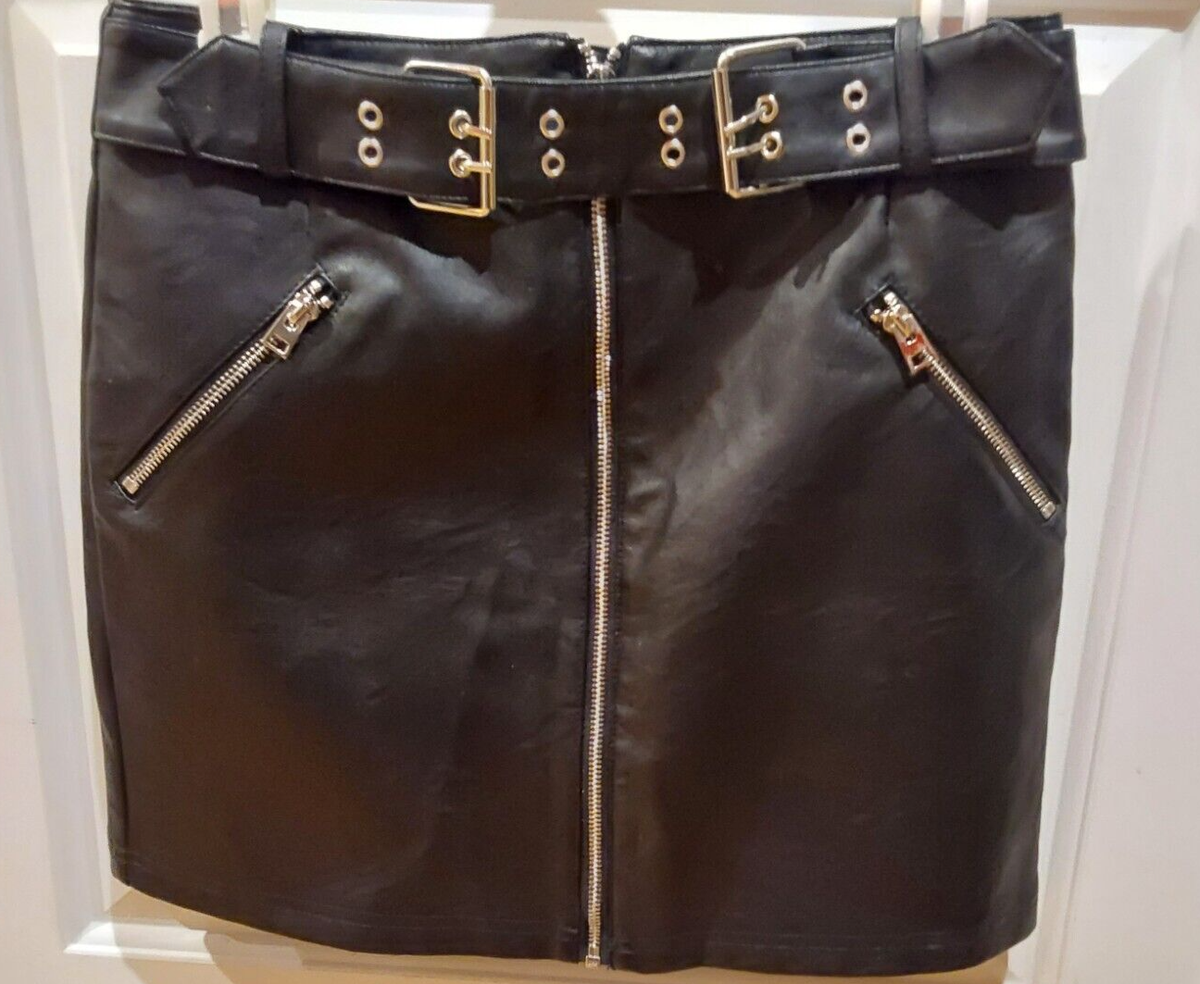 Topshop Faux Leather Skirt With Front Zipper And Belt Sz UK