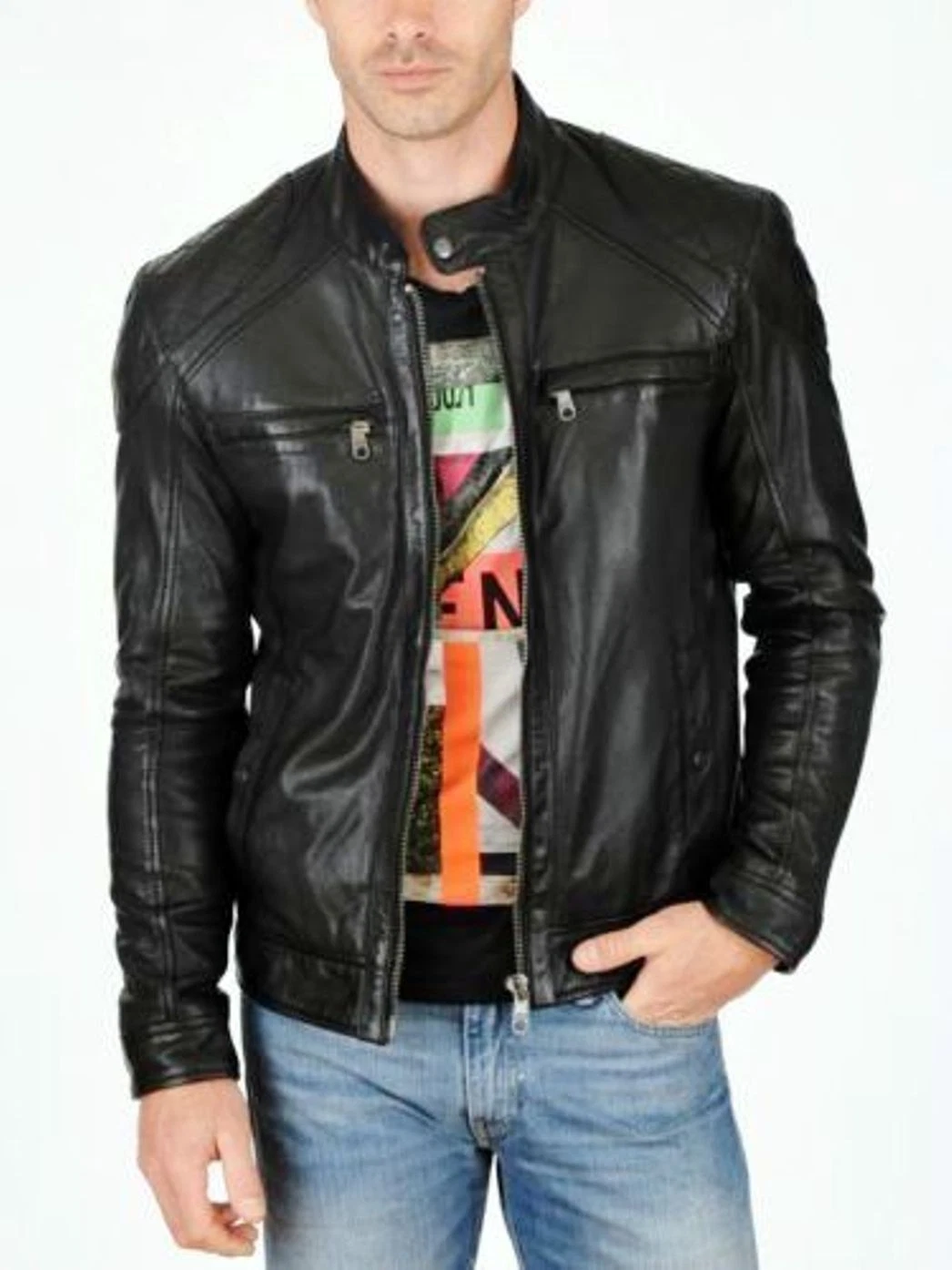 Men Leather Jacket Biker Motorcycle Coat Lambskin Slim Black New