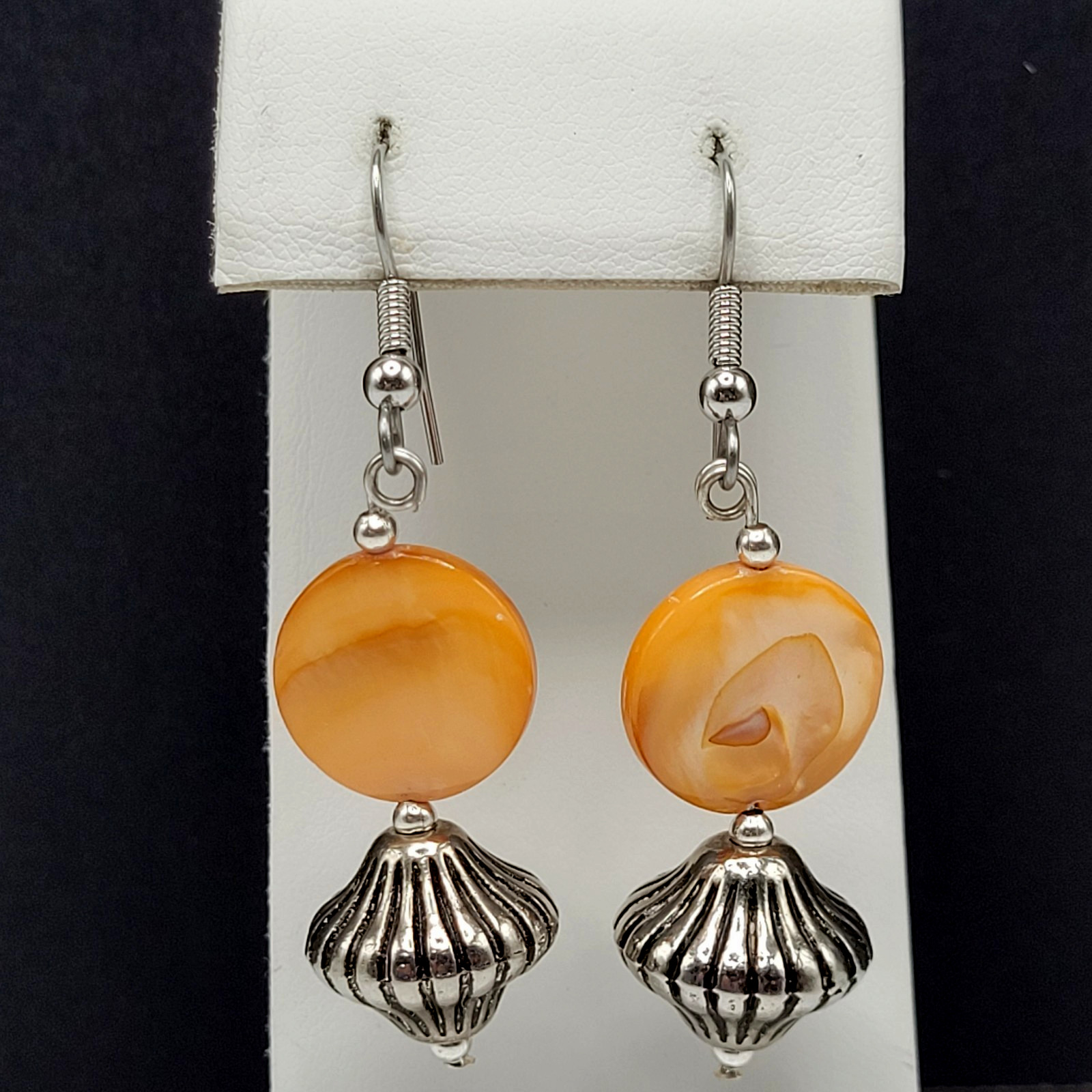 Orange Abalone Shell MOP Round Disc Silver Tone S… - image 11