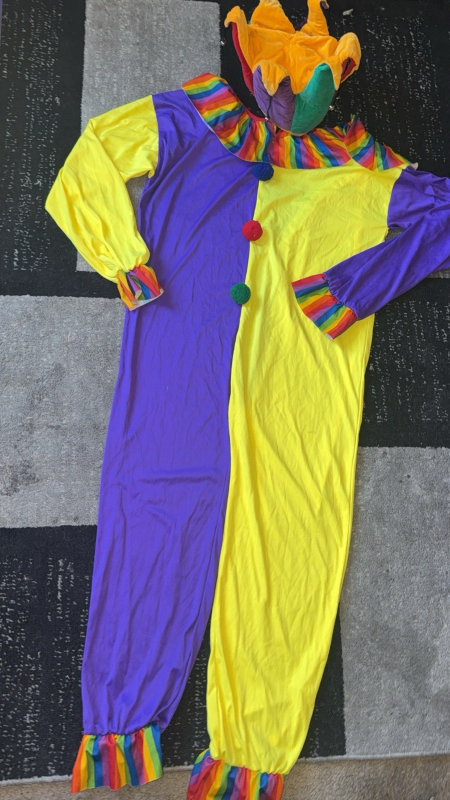 Disfraz de payaso de una pieza mono con sombrero conjunto completo para hombre pequeño