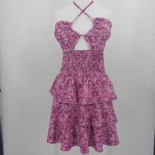 womans size M Floral Halter Ruffled Smocked Mini Dress Ditsy Floral Tiered Sun