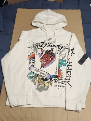 Ed Hardy Joker Graphic Print Fleece Pullover Hoodie Ivory Large Men