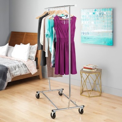 Whitmor Rolling Folding Garment Rack, Adjustable Width 51-74.5 in, Height 66-71