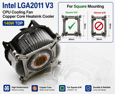 Intel LGA2011 V3 CPU Cooling Fan Copper Core Heatsink Cooler 140W (Square ILM)