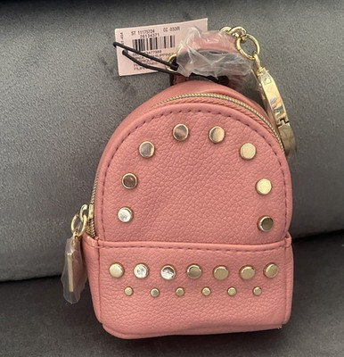 Pink/Gold Mini Backpack Key Chain Faux Leather/Metal Studded Zipper Accent