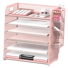 6 Tier Paper Organizer With 4 Pen Holders, Mesh Desk Letter Tray With Pink