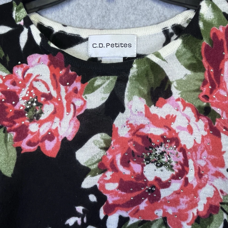 C.D. Petites Women’s PS Top Black Pink Floral Embellished Short Sleeve Knit Y2K - Image 2 of 4