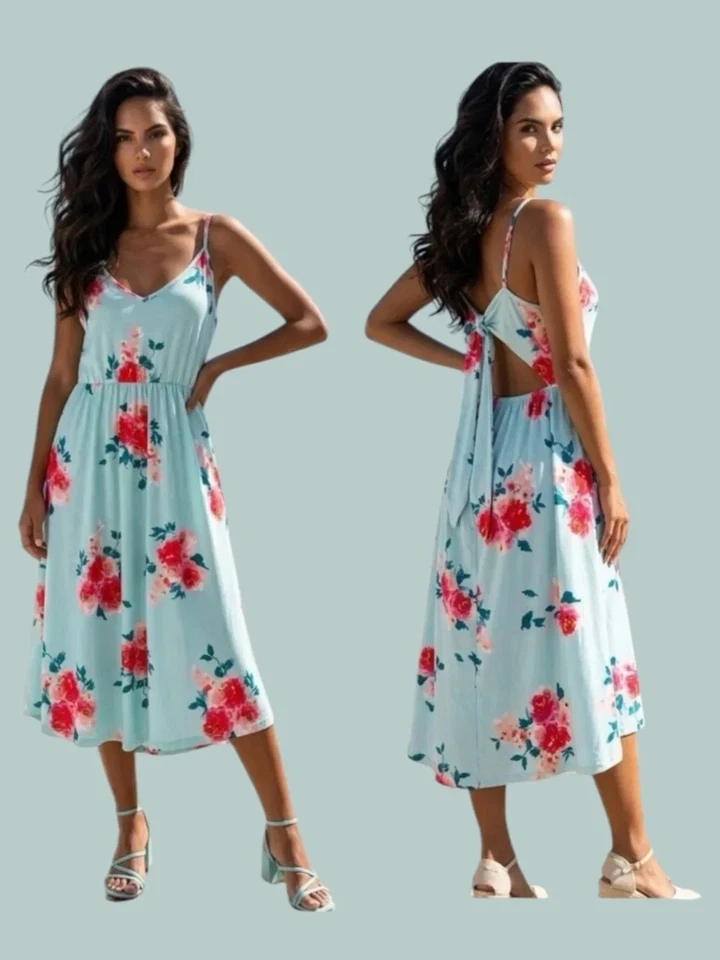 OUGES Floral Midi Dress Women XL CutOut Back Cotton Stretch Party Beach Festival - Photo 1/1