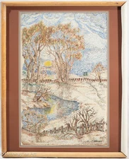 Vintage Post Impressionist Landscape Drawing by Robin Corley Wintery Sunset