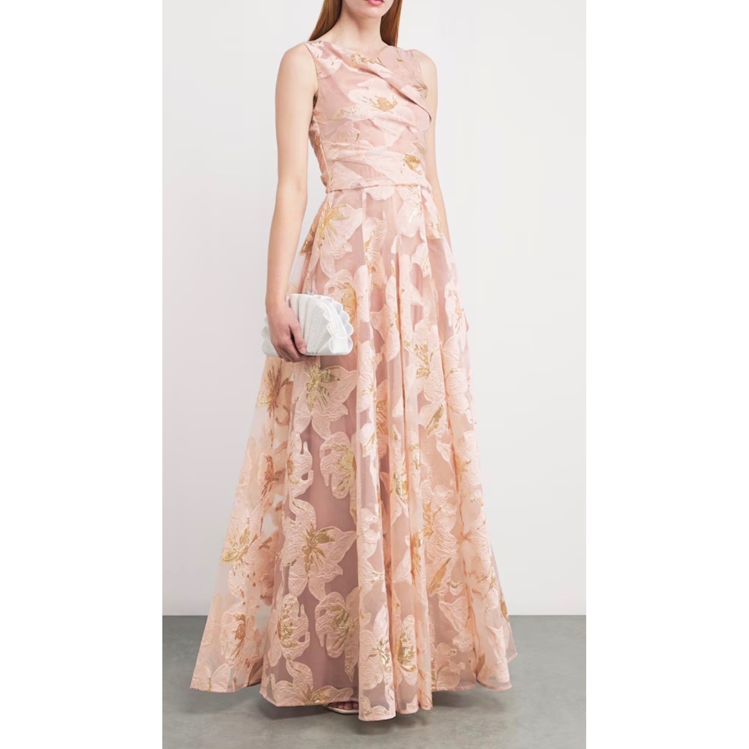 Talbot Runhof Pink Gold Metallic Floral Jacquard Gown, dress $2150 NWT