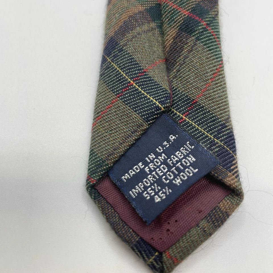 Corbata Vintage Gap Mezcla Lana-Algodón 3.5”x 58” Beige Verde Cuadros Hecha en EE. UU. Foto 3 de 4