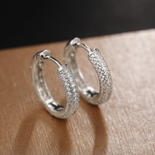 White gold Plated Micro Pave Cz Hoop Huggie Earrings 17mm/0.7" Women Gift F29