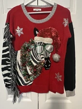 Zebra Ugly Christmas Sweater Ladies Small Hooked Up AA07
