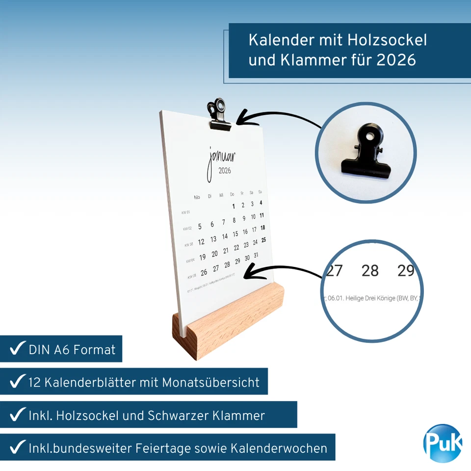 Tischkalender 2026 mit/ohne Holzsockel mit Kalendarium Feiertage DIN A6 - Bild 4 von 4