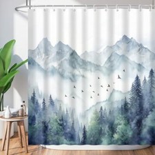 Mountain Shower Curtain Watercolor Misty Forest Foggy Nature Pine Tree Birds