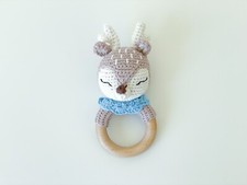 Blue Bib Reindeer Crochet Baby Rattle, Soft Cotton and Beechwood Teether