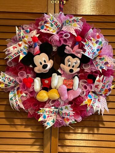 Disney Mickey and Minnie Happy Birthday Wreath-Handmade-One Of a Kind-So Cute!!  - Picture 1 of 12