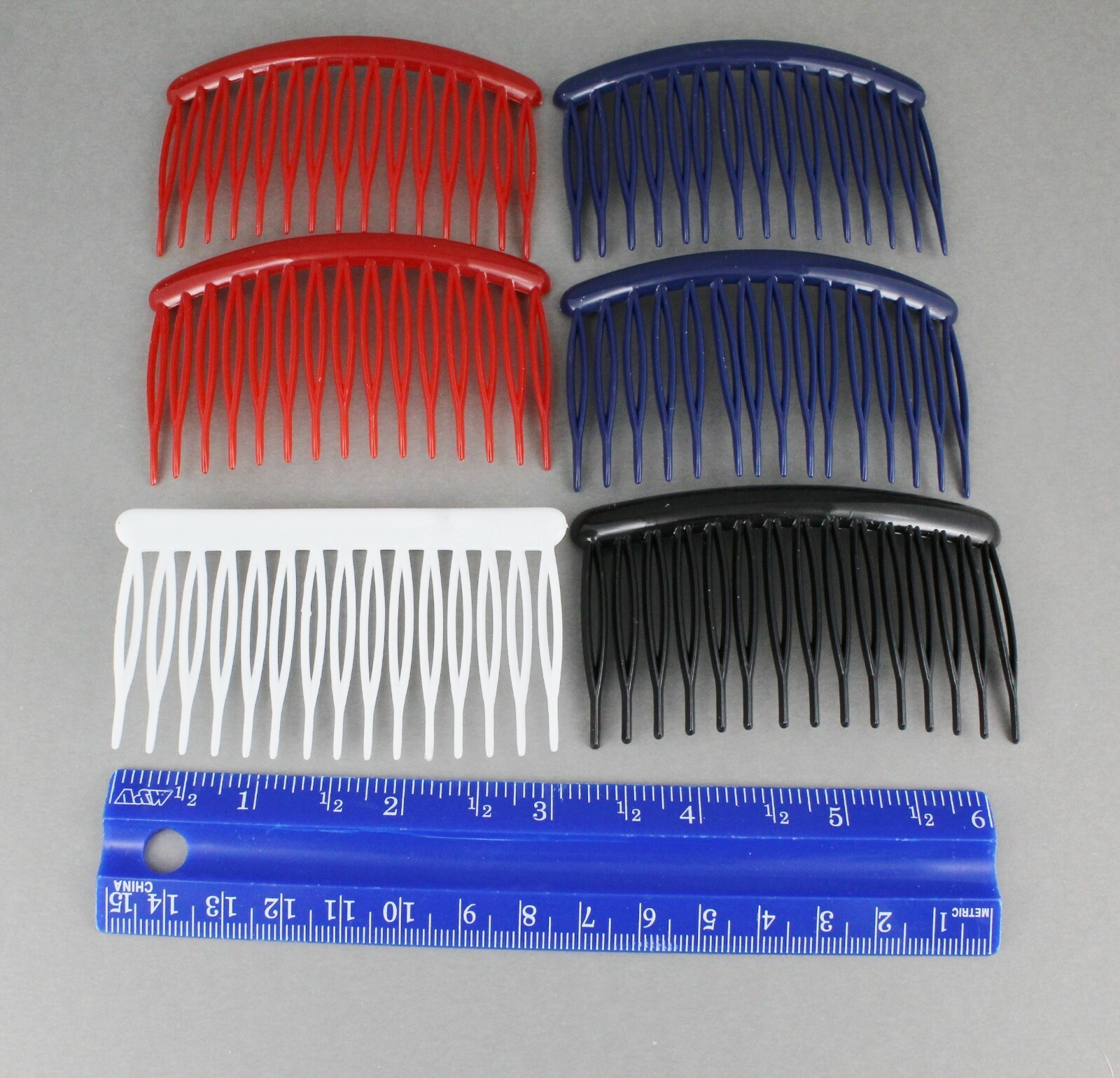 6 hair side comb plastic 3.25" long hair side clip Red White Blue Black