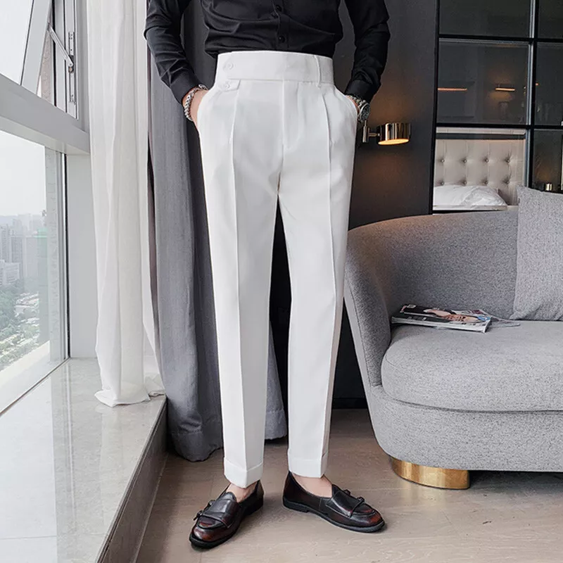 Men High Waist Pleated Pants Straight Leg Tapered Trousers Slim