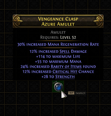  Path Of Exile 2 Early Access Rare Amulet Lv 52 Rarity+Spell+Life+Crit+Regen