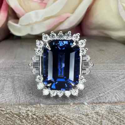 4 Ct Emerald Cut Lab-Created Sapphire Halo Engagement Ring 14k White Gold Plated