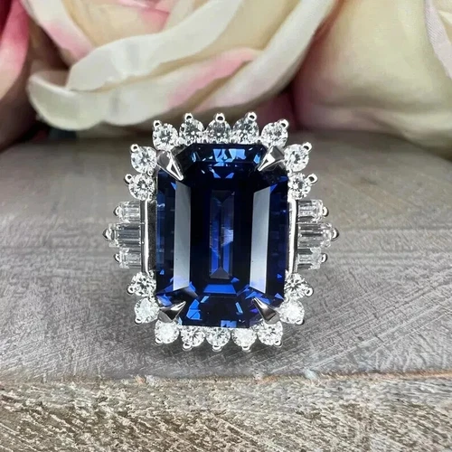 4 Ct Emerald Cut Lab-Created Sapphire Halo Engagement Ring 14k White Gold Plated