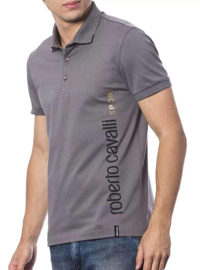 225 Designer Rare ROBERTO CAVALLI Men s Logo Printed Fitted Polo Shirt Tee M