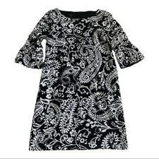 Talbots Geometric Print Black & White Shift Dress Bell Sleeve Petite Size 8P