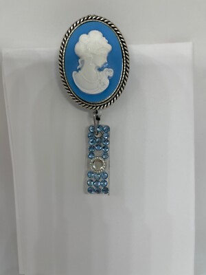 Bling Jewelry ID Badge Reel Blue & White Cameo Handmade