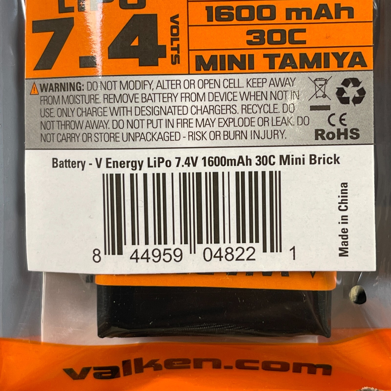 NEW Valken Energy Li-Po 7.4v 1600mAh 20C Mini Brick Airsoft Battery (48221)