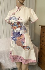 Oriental Chinese Style Female Cheongsam Split Dress Printed Fan Pattern Qipao XS