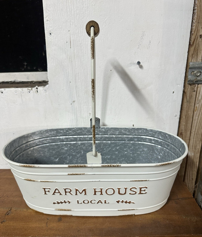 Oval Farmhouse Metal & Wood Basket w/ Handles, Small White Gray "Local"