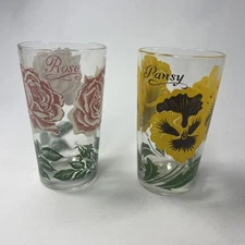 Vintage Boscul Peanut Butter Glasses Set Of 2 Pansy And Rose 5"