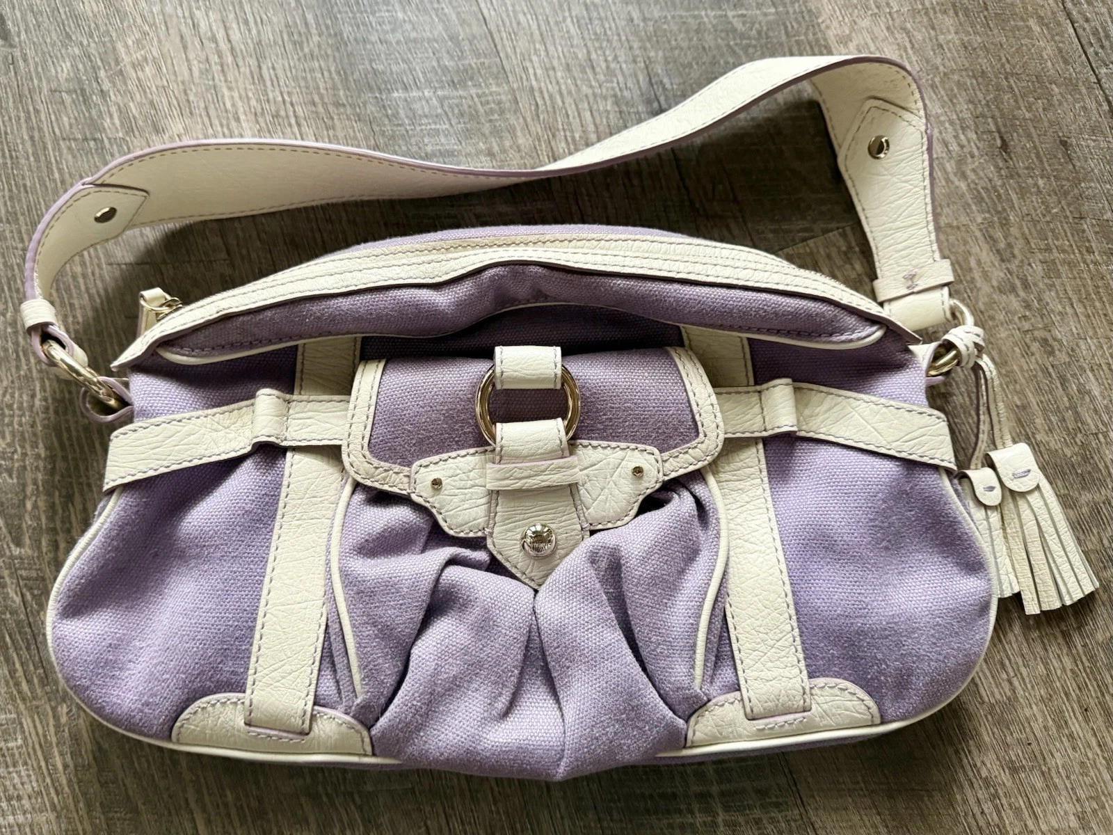 Celine — Celine Lilac Canvas & Leather Shoulder Bag Tassel Ring Detail Boho Vintage Rare