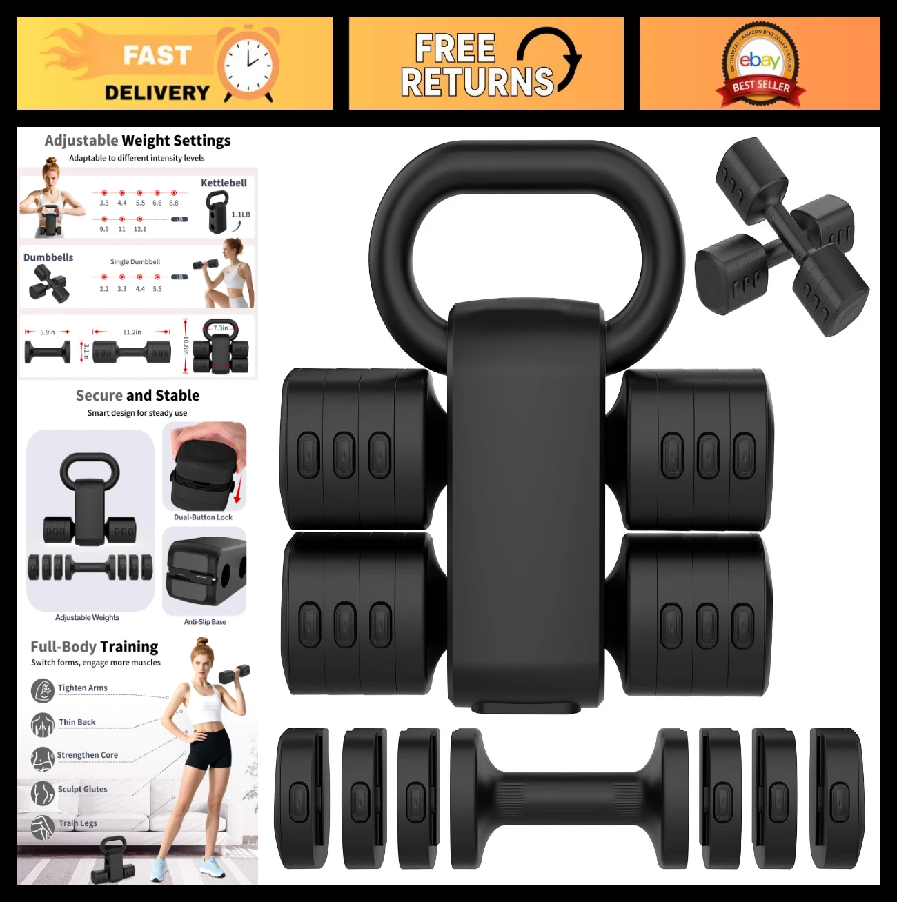 Adjustable 2-in-1 Dumbbells Set - 4 Weight Levels for Home Gym Fitness Training