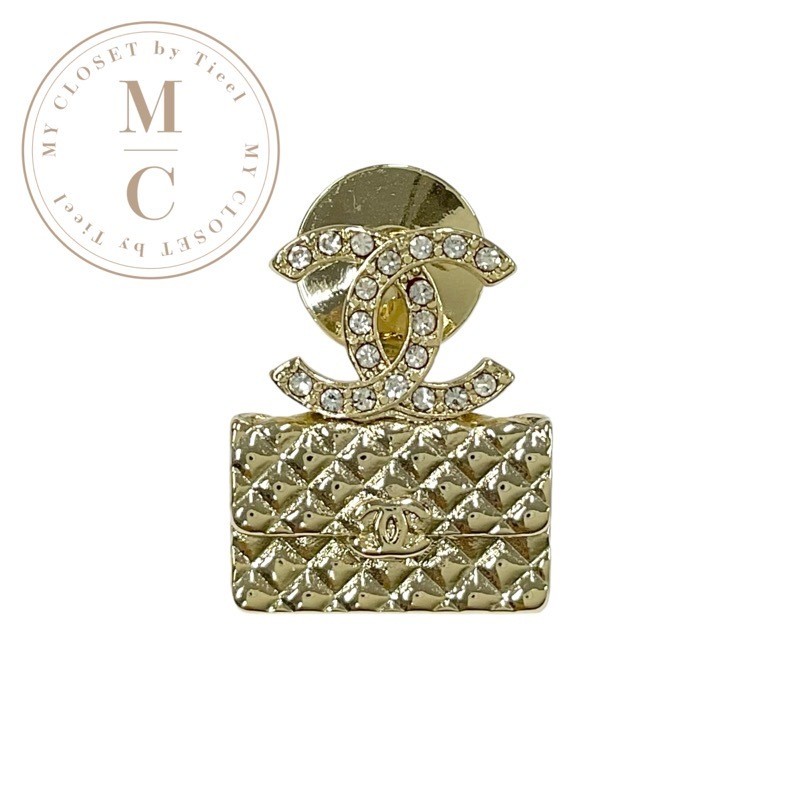 CHANEL Gold Corsage Pin with Coco Mark Matelasse Bag Rhinestone Brooch