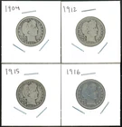 Lot of (4) Four Coins - 90% Silver Barber Quarters - 1904, 1912, 1915, 1916