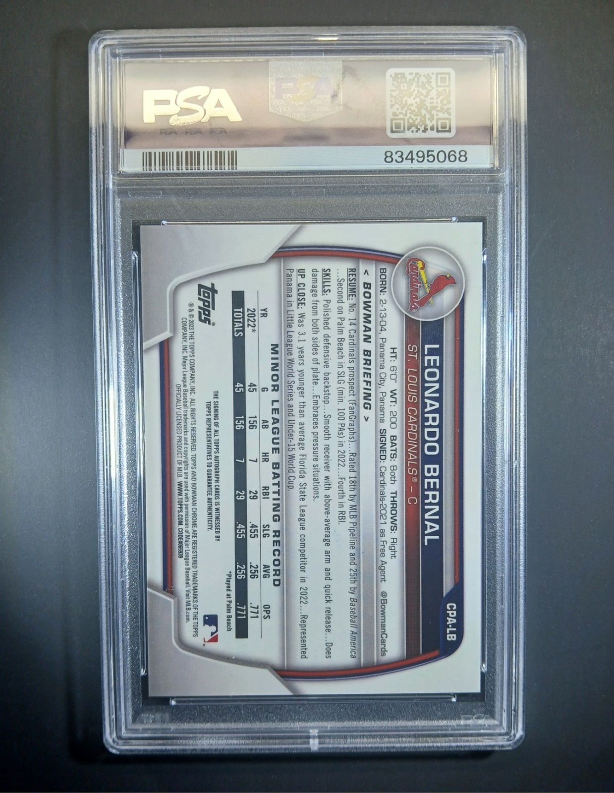 Leonardo Bernal Auto /99 PSA 10 2023 Bowman Chrome 1st Green Lava Refractor view 2