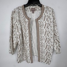 Chico's Open Front Jacket Women Size 2 White Tan Excellent Embroidered Boho