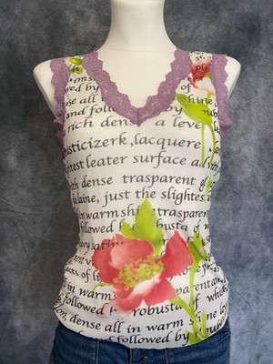 United Colors of Benetton Women L Floral Graphic Mesh Top Lace Trim Y2K Sleevele