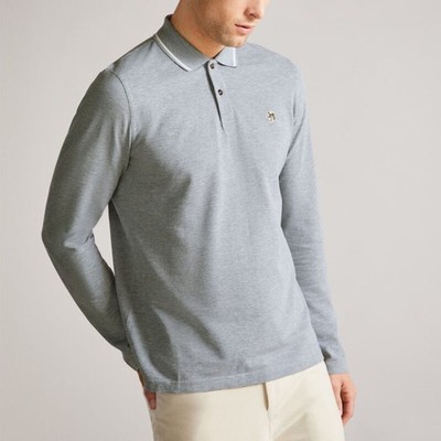 Ted Baker London Herren Poloshirt Fulhumm Baumwolle Grau Langarm Größe XL