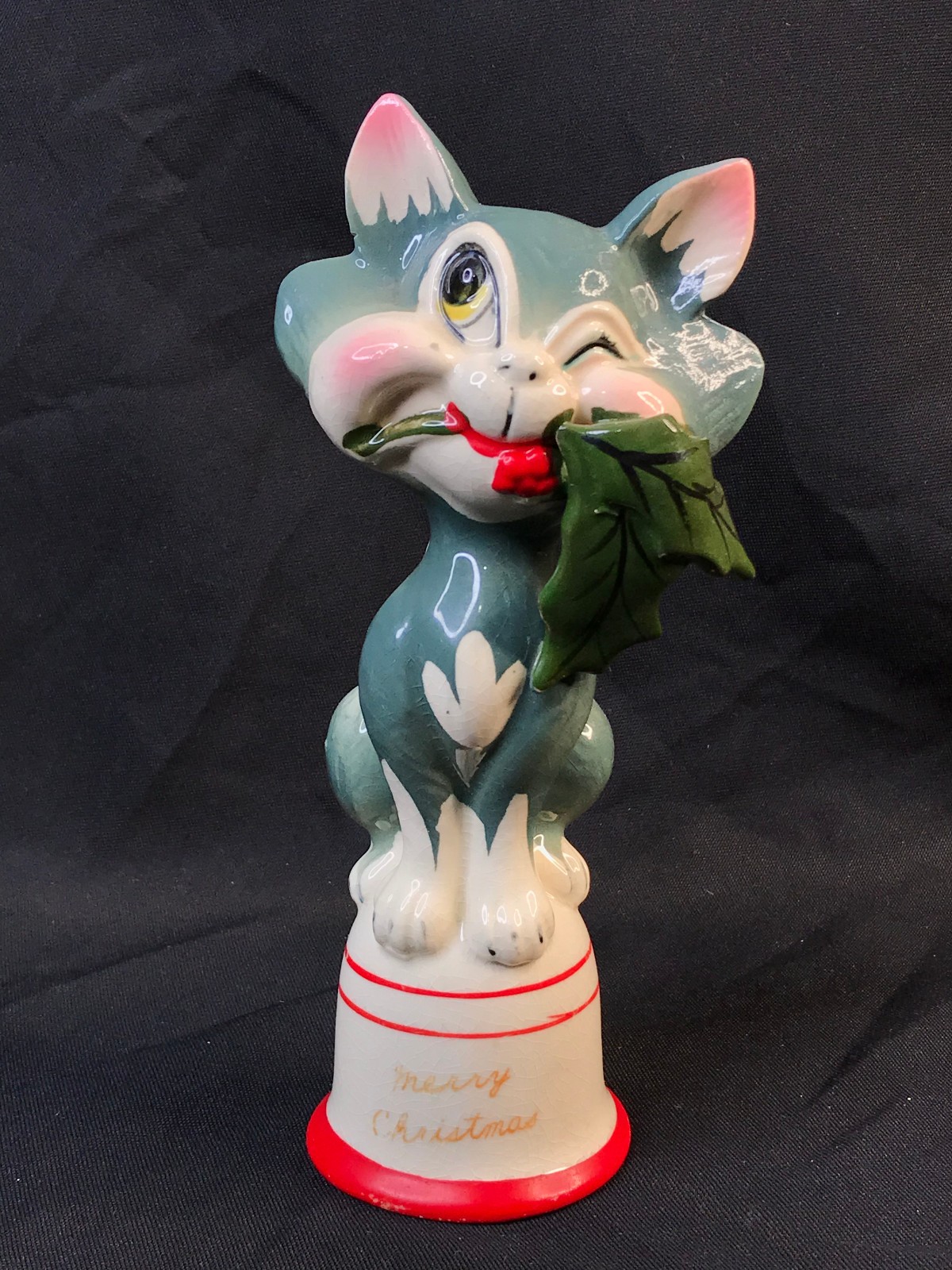 Kreiss “Merry Christmas” Gray Winking Cat Bell Japan 8”