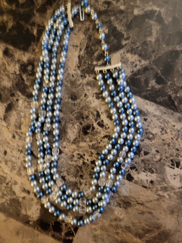 Vintage Grey Blue 3 Strand Choker 17" Good Condition Unknown Maker
