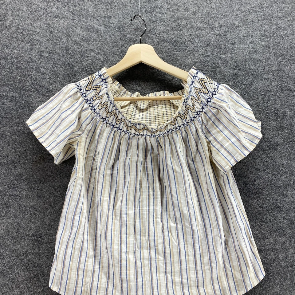 Blusa sin marca para mujer M mediana beige a rayas manga corta cuello redondo lino Foto 3 de 4